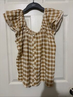 Matilda Jane Tan & White Gingham Flutter Sleeve Button-Front Top